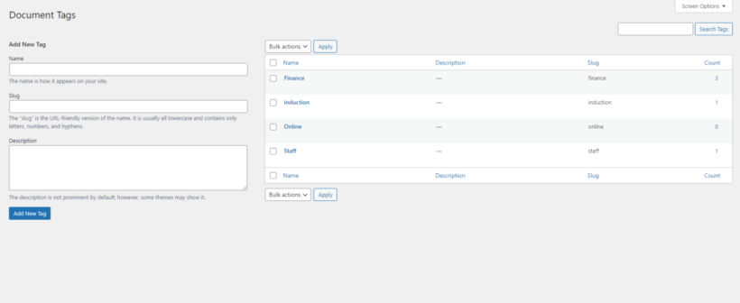 document tag settings