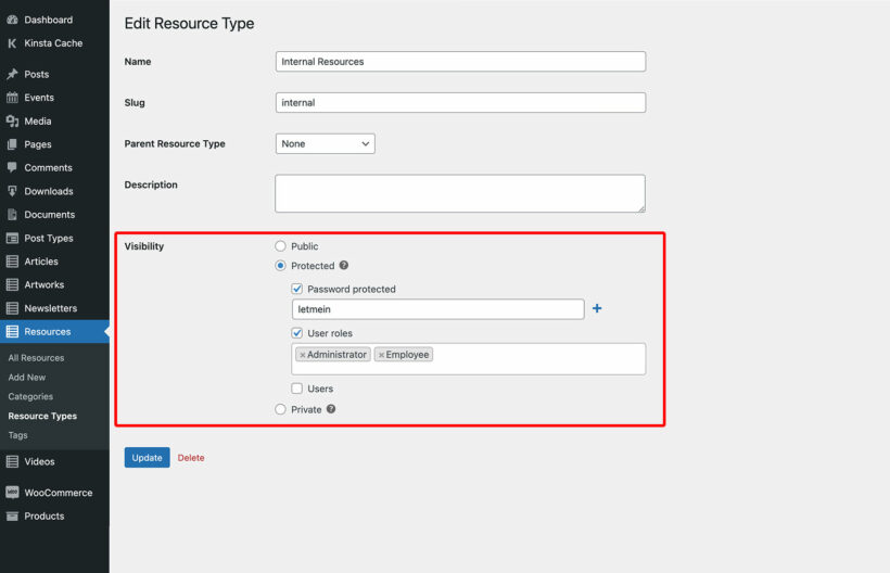 Protect WordPress CPT category