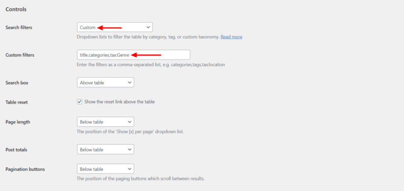 Sorting settings posts table pro