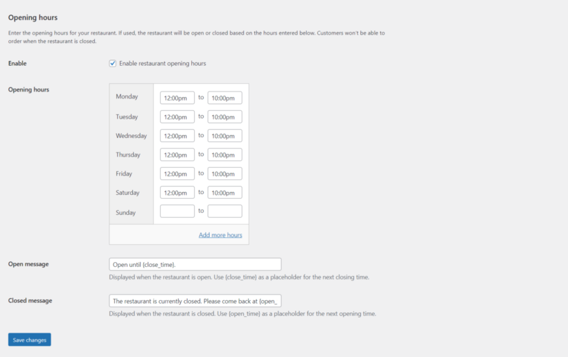 WooCommerce opening hours settings