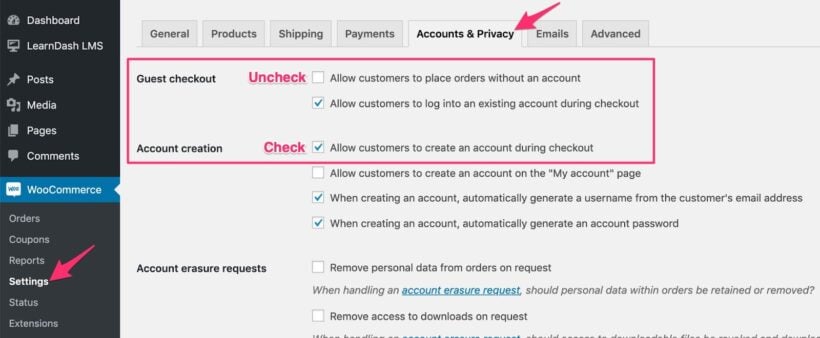 existing account woocommerce