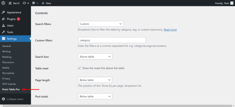 Posts Table pro Settings page