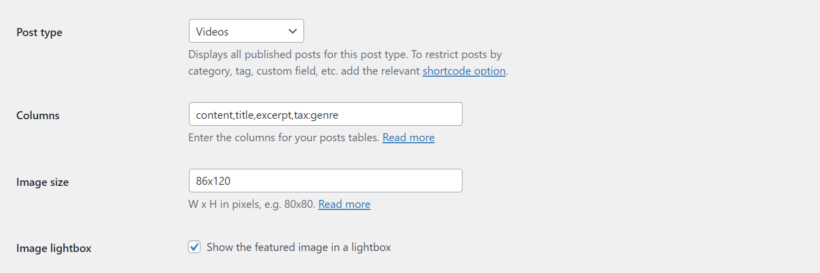 posts table settings columns