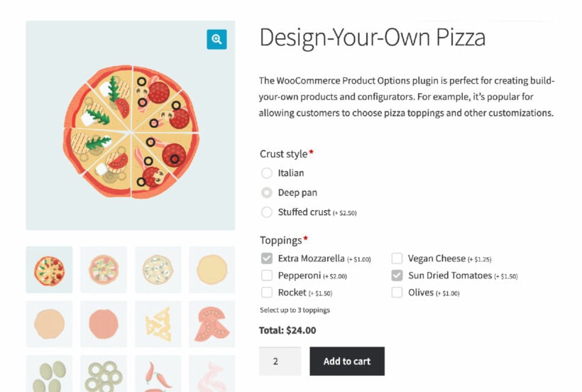 WooCommerce pizza configurator with checkboxes and radio buttons