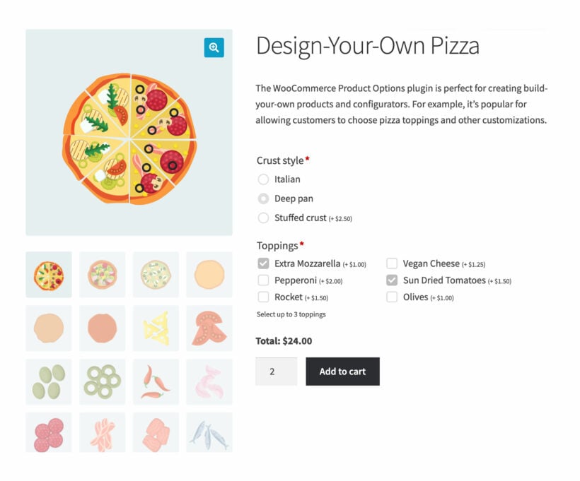 WooCommerce pizza configurator with extra add-on options