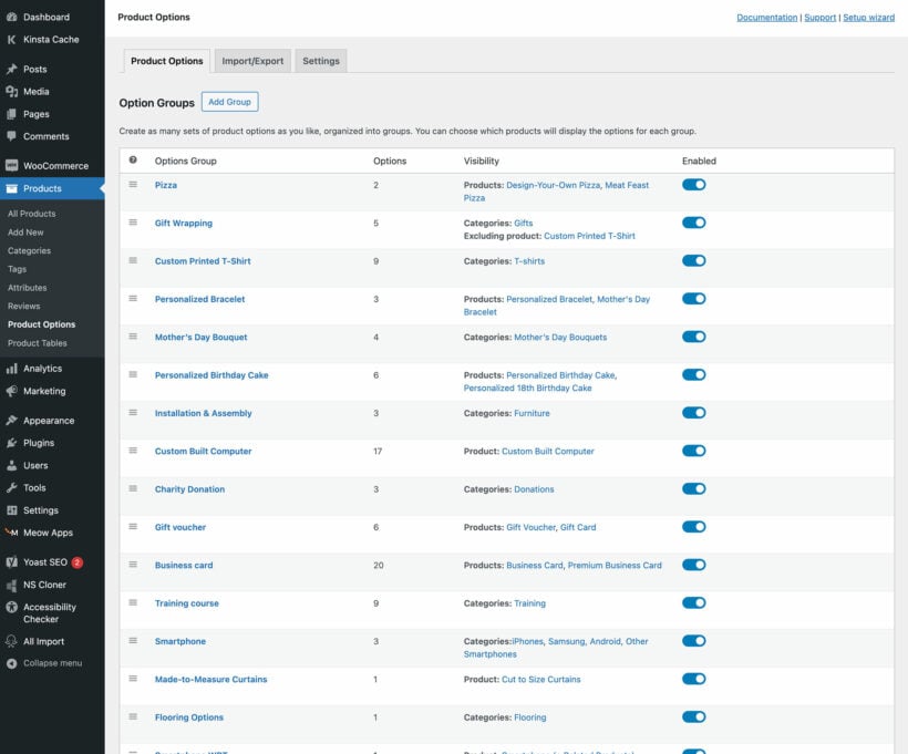 WooCommerce product add-on groups per category and product