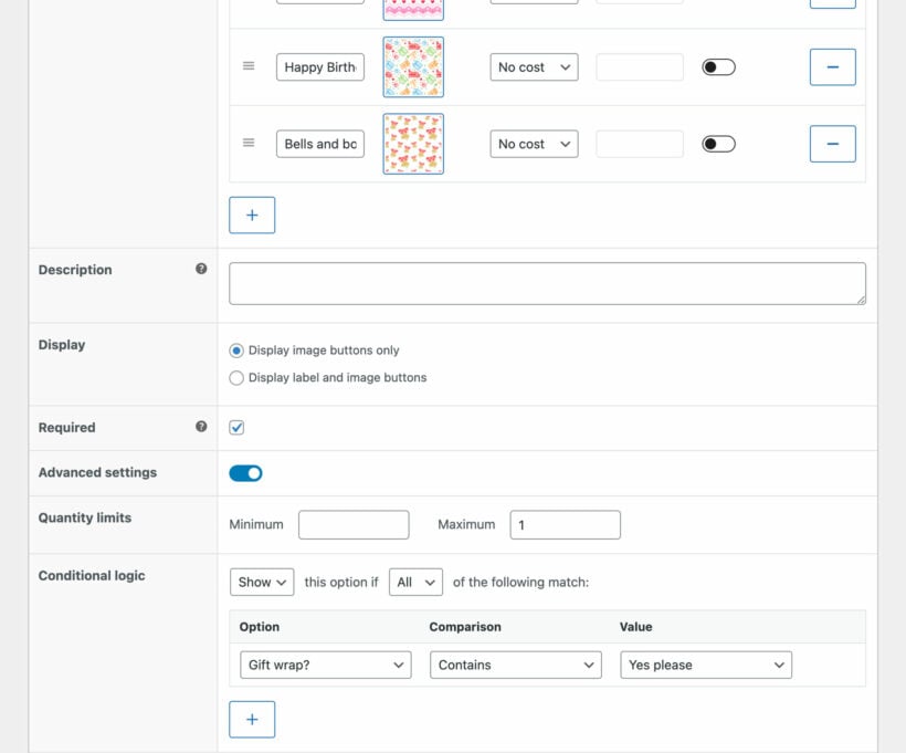 WooCommerce product options with conditional logic