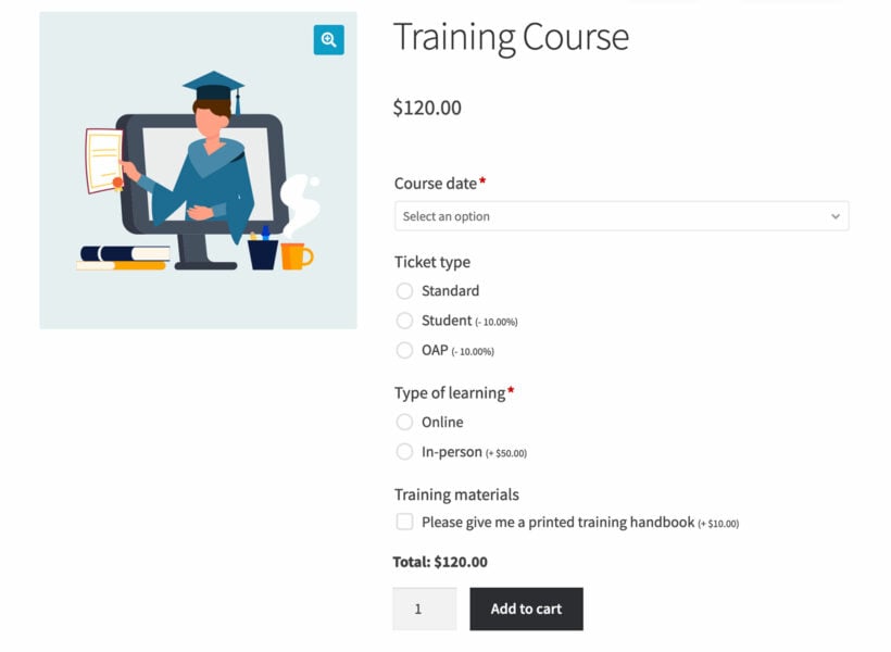 Add date picker to WooCommerce product for training course product