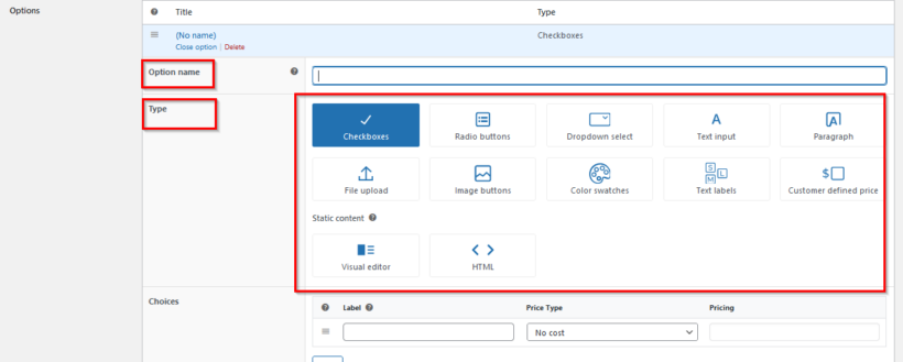 woocommerce product options option types