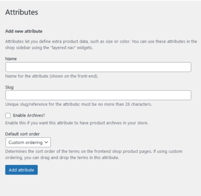 Woocommerce attributes section