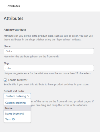 Woocommerce default sort order section 