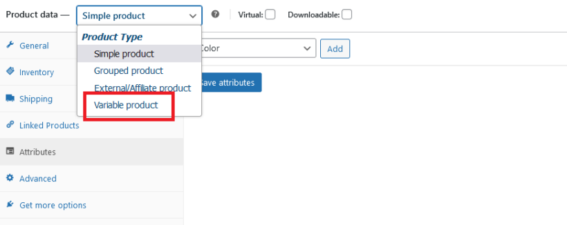 Changing a simple product to a variable product from the product data dropdown menu