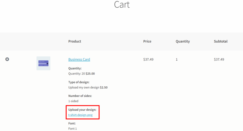 uploaded image on woocommerce product page in cart