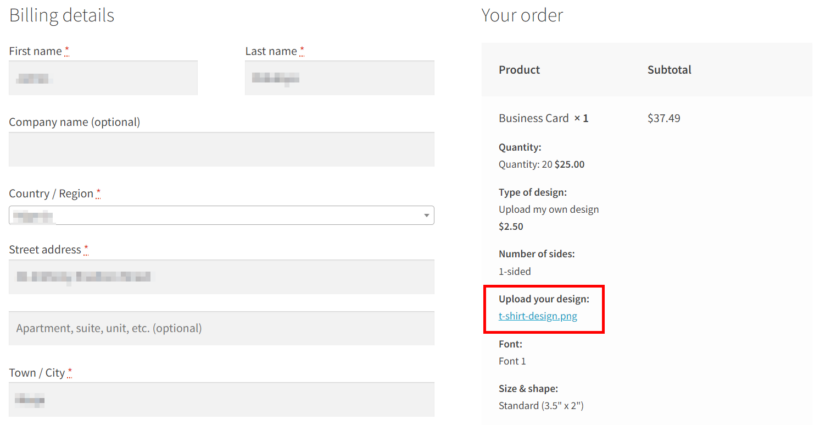 uploaded image on woocommerce product page on checkout page