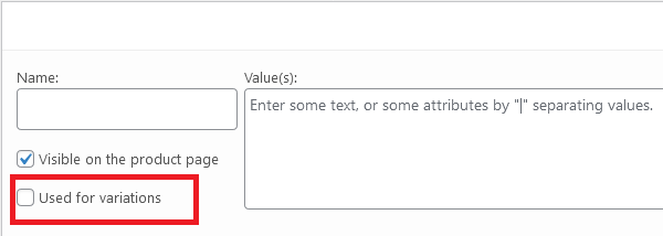 Selecting the "Used for variations" checkbox in the product data section