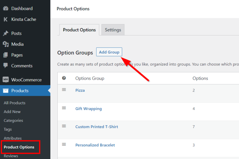 woocommerce product options add new options group