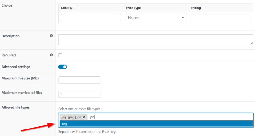 woocommerce product options allow multiple file types