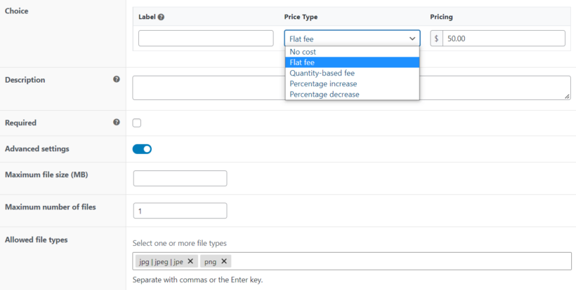 woocommerce product options charge flat fee for image upload on product page