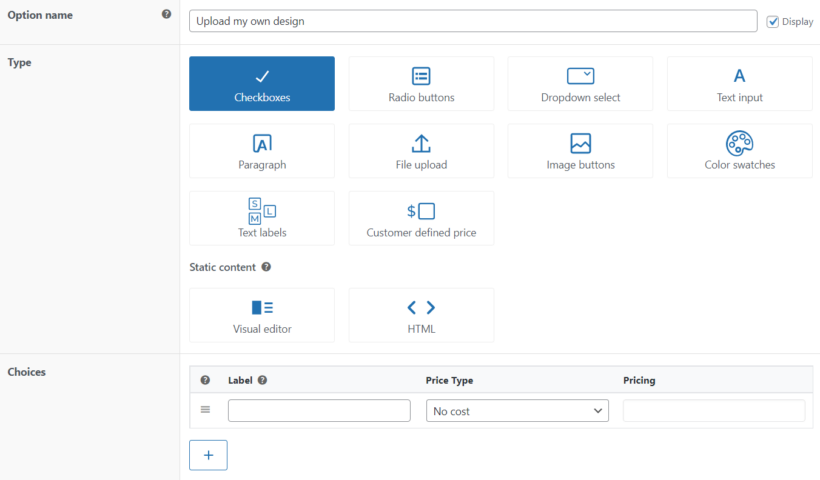 woocommerce product options customize design checkbox