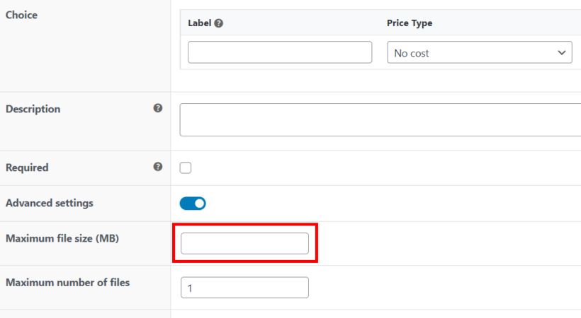 woocommerce product options set maximum image upload file size