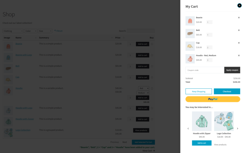 Product table with fast cart