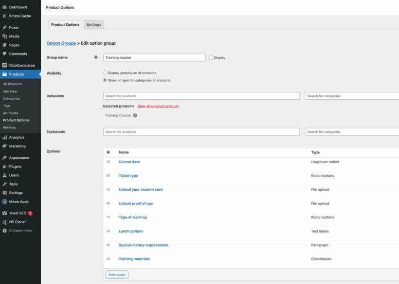 Sell WooCommerce tickets training course options