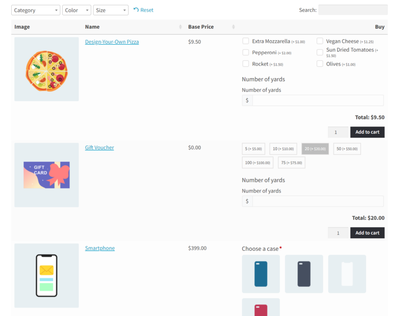 WooCommerce customizable products product table