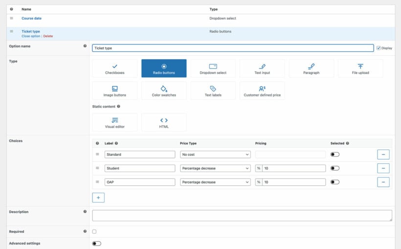 WooCommerce Product Options price options event ticket type