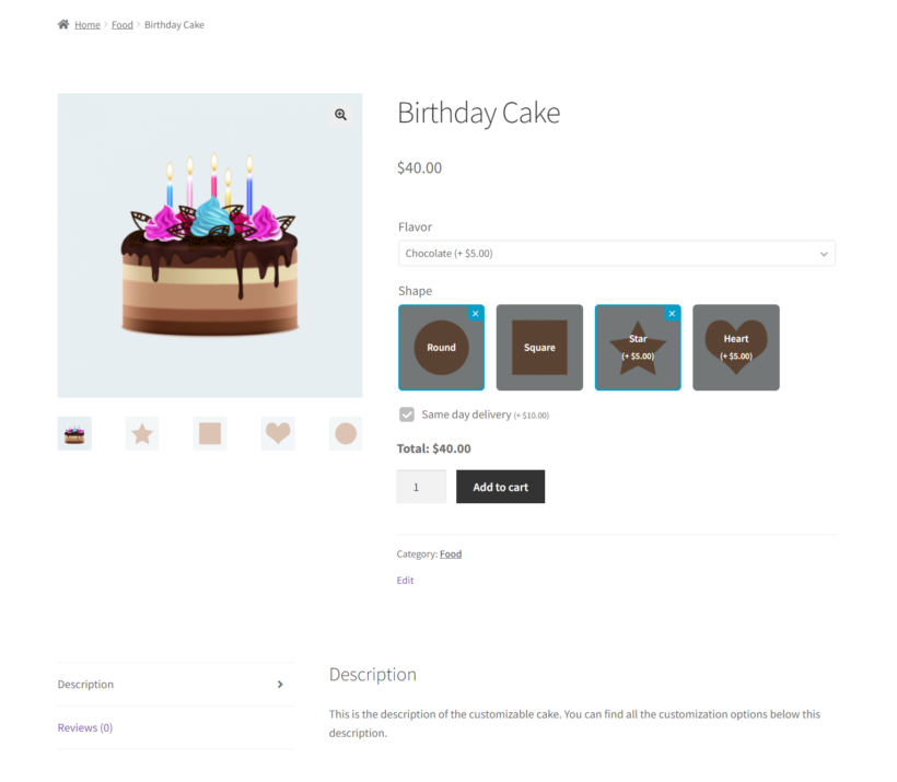 customizable products woocommerce birthday cake 