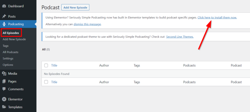 elementor podcast install seriously simple podcasting templates