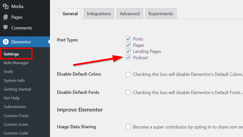enable elementor editor for podcasts