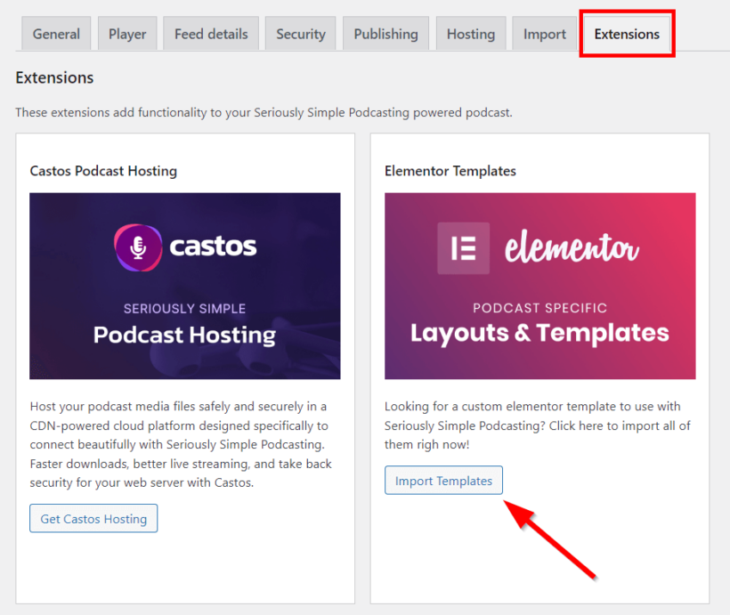 import seriously simple podcasting elementor templates