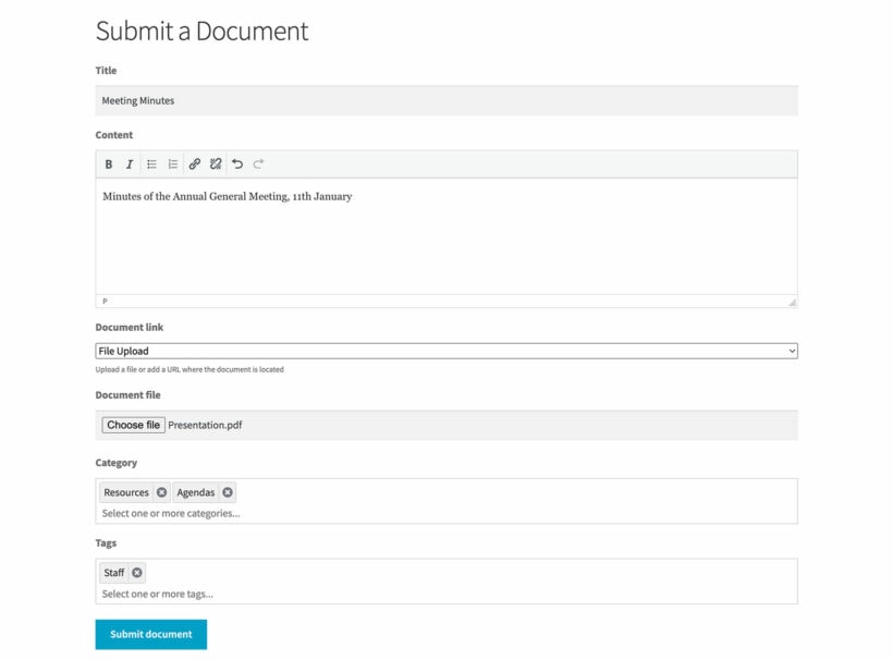 Front end document submission form uploader