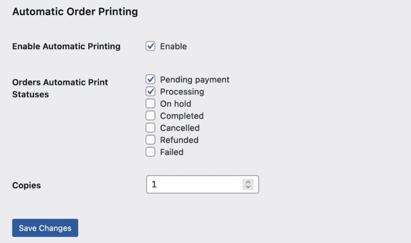 automatic order print settings