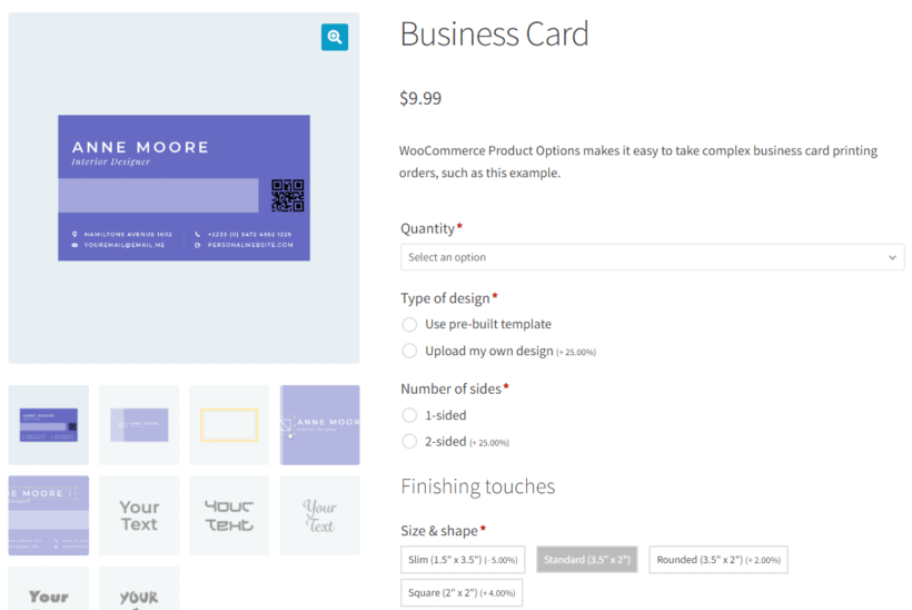 business card example woocommerce conditional variations