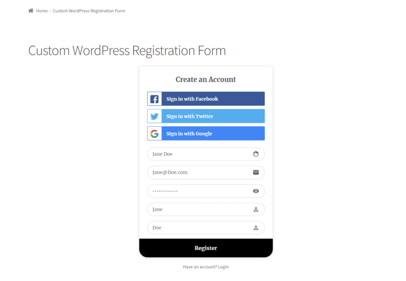 Custom WordPress registration form preview