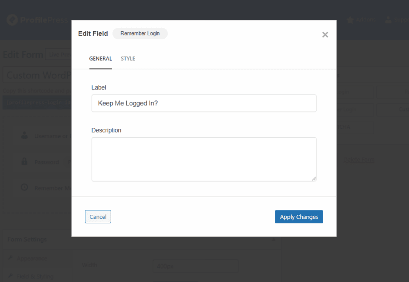 Edit login form field