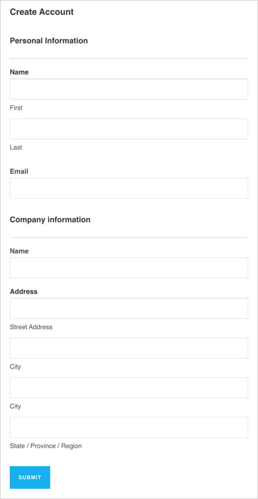 A web form with related fields grouped together under section headings