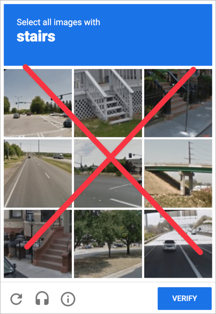 A Google CAPTCHA asking the user to select all images with stairs