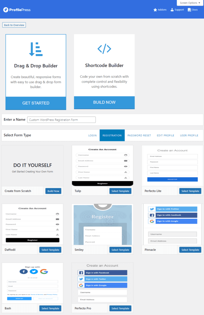 Registration form templates