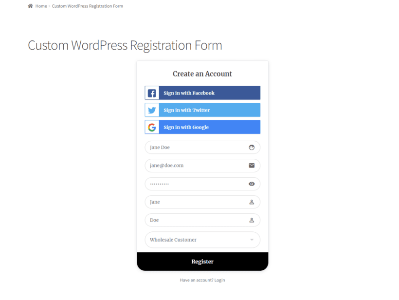 Select user role registration form