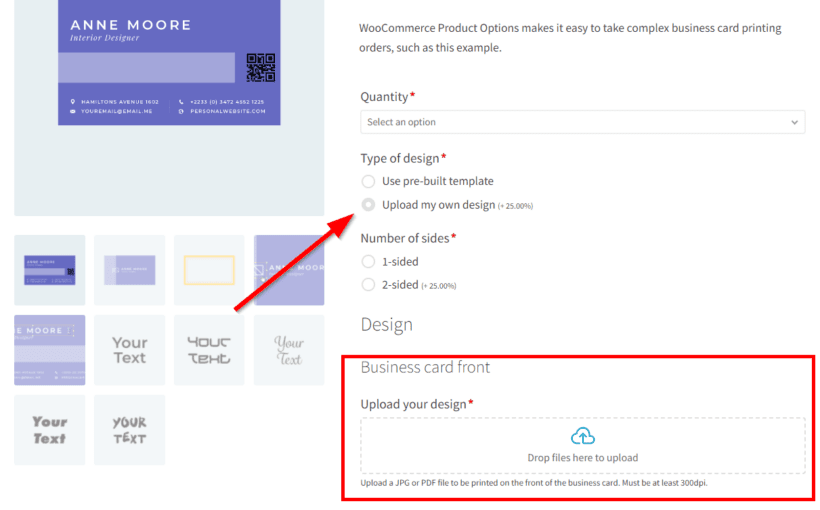 upload my design business card options