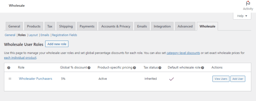 Wholesale user role settings