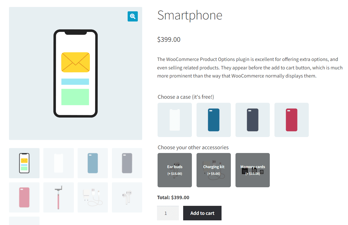 WooCommerce Product Options showing a smartphone product page with case and accessory options as image swatches