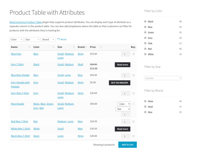 product table with attributes