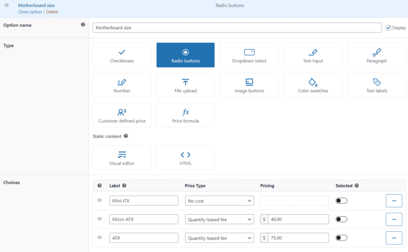 woocommerce configurable products radio buttons