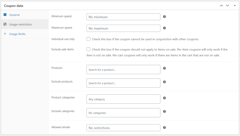 woocommerce coupon data usage restrictions