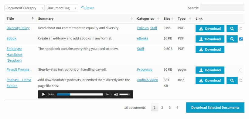 wordpress file upload searchable table