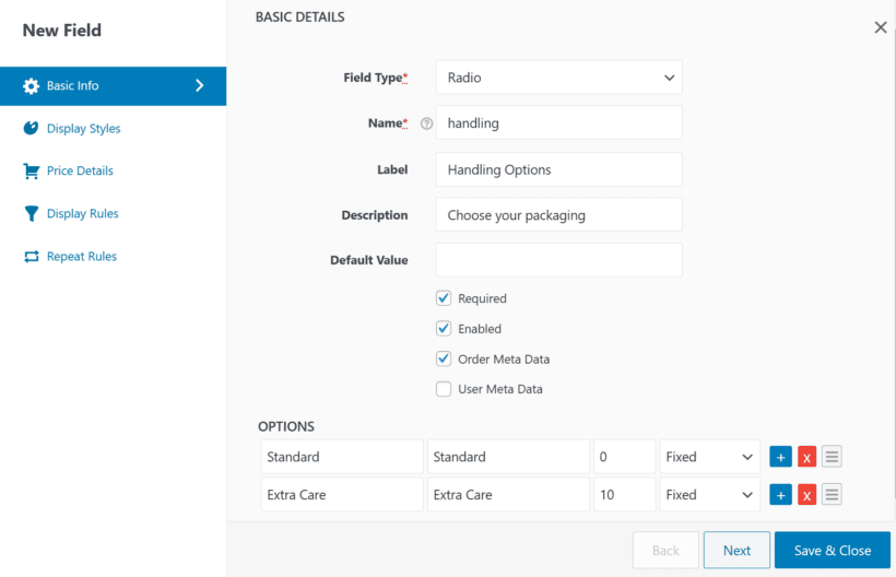 Add basic details and pricing options of the custom fee