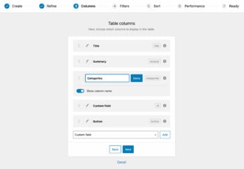 Customize columns in WordPress table plugin